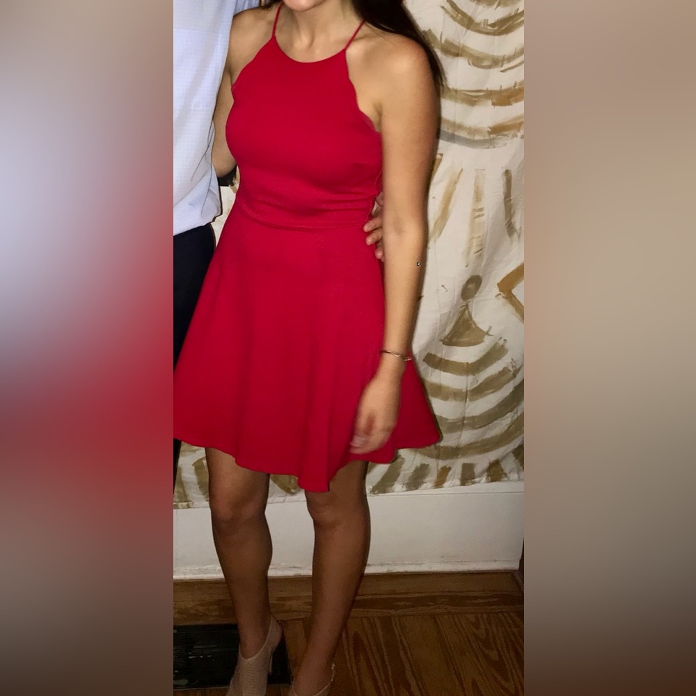 Red a-line dress with halter-like neckline